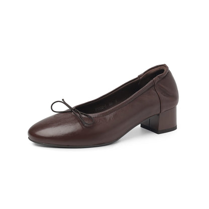 HAJINK Round Toe Block Heels Bowknot Shallow Sheepskin Flats 06
