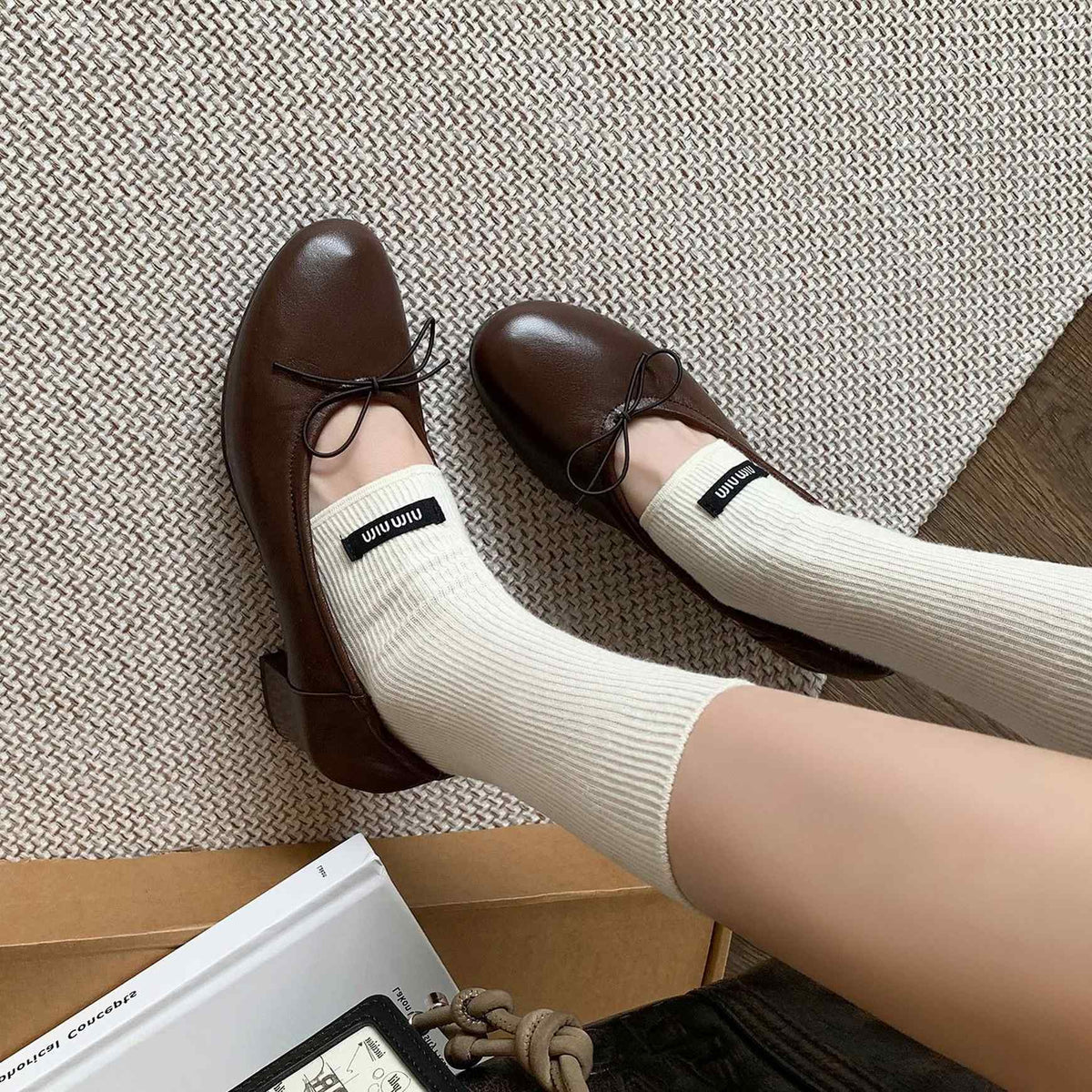 HAJINK Round Toe Block Heels Bowknot Shallow Sheepskin Flats 07