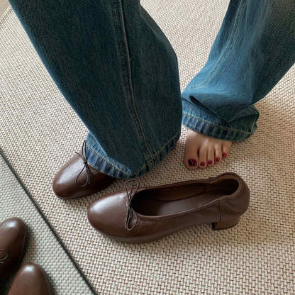 HAJINK Round Toe Block Heels Bowknot Shallow Sheepskin Flats 09