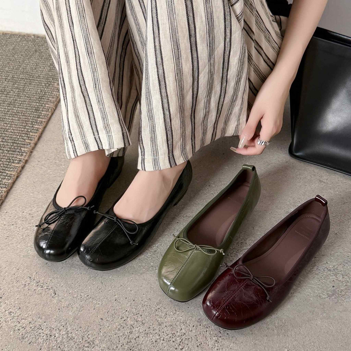 HAJINK Round Toe Bowknot Shallow Cowhide Flats 01