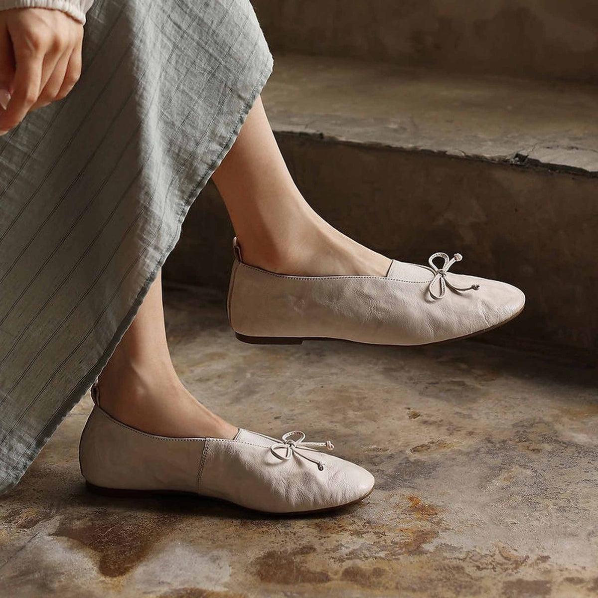 HAJINK Round Toe Bowknot Sheepskin Flats 10