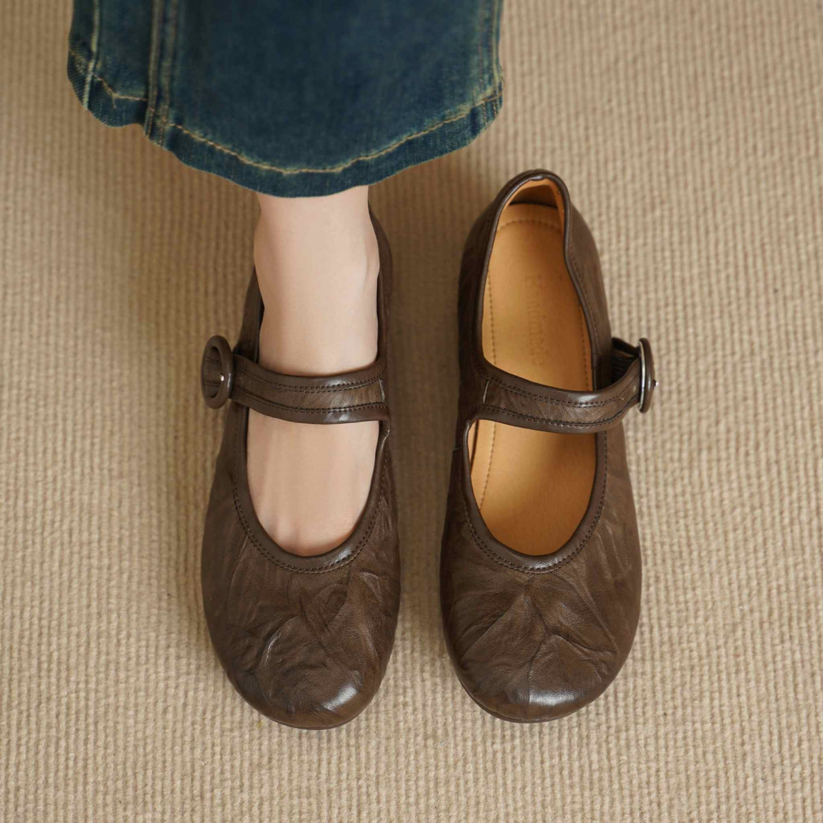 HAJINK Round Toe Soft Sole Cowhide Mary Jane Shoes 07