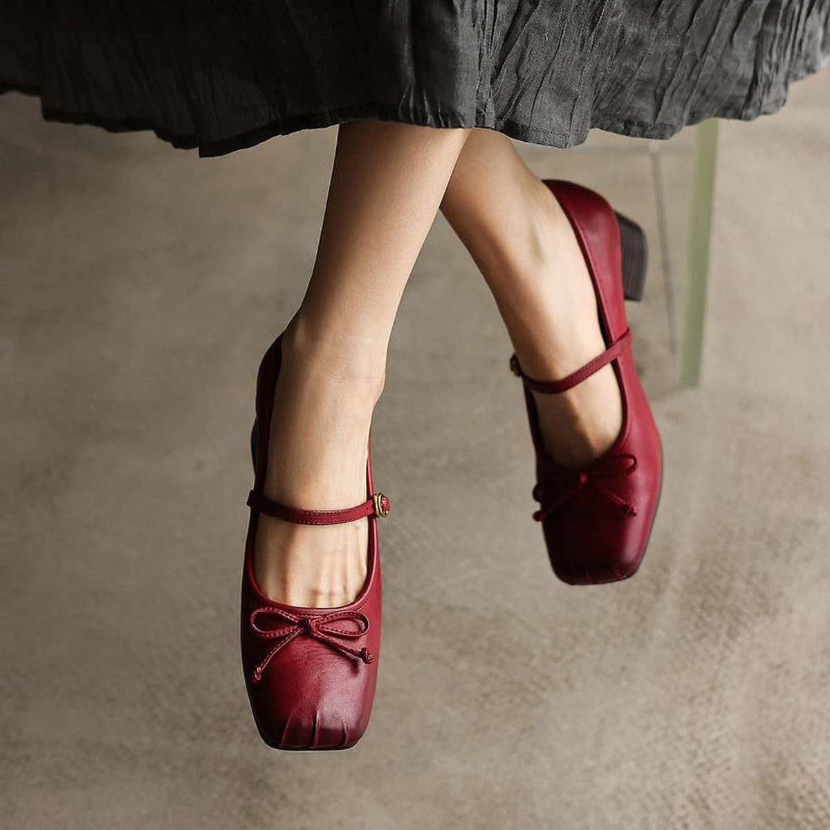 HAJINK Square Toe Bowknot Cowhide Mary Jane Shoes 03