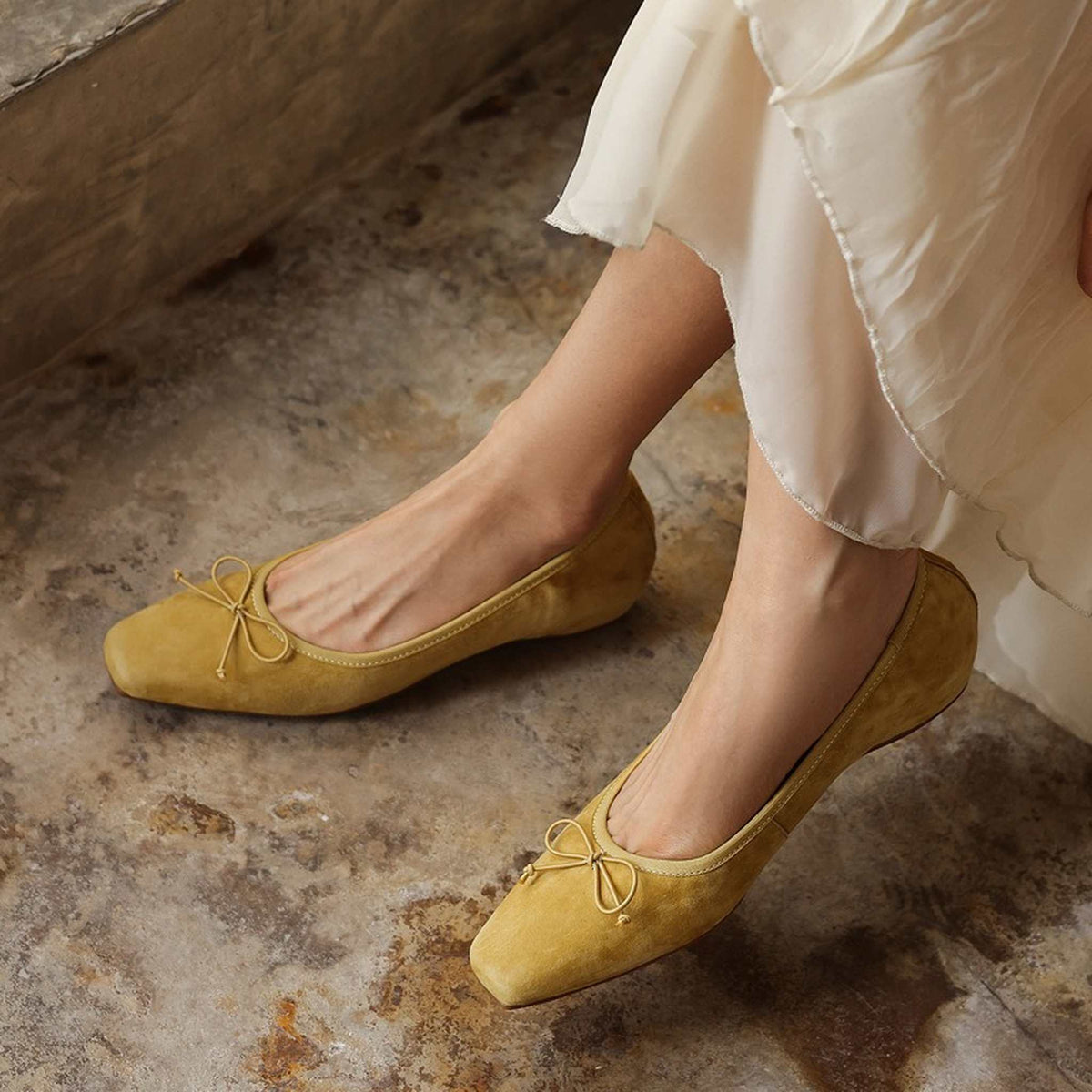 HAJINK Square Toe Bowknot Shallow Leather Flats 02