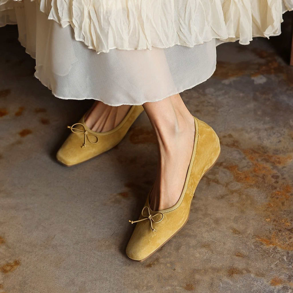 HAJINK Square Toe Bowknot Shallow Leather Flats 11