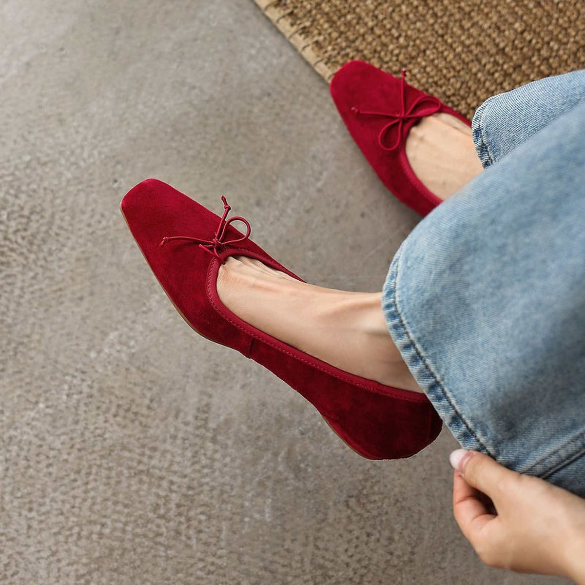 HAJINK Square Toe Bowknot Shallow Leather Flats 12