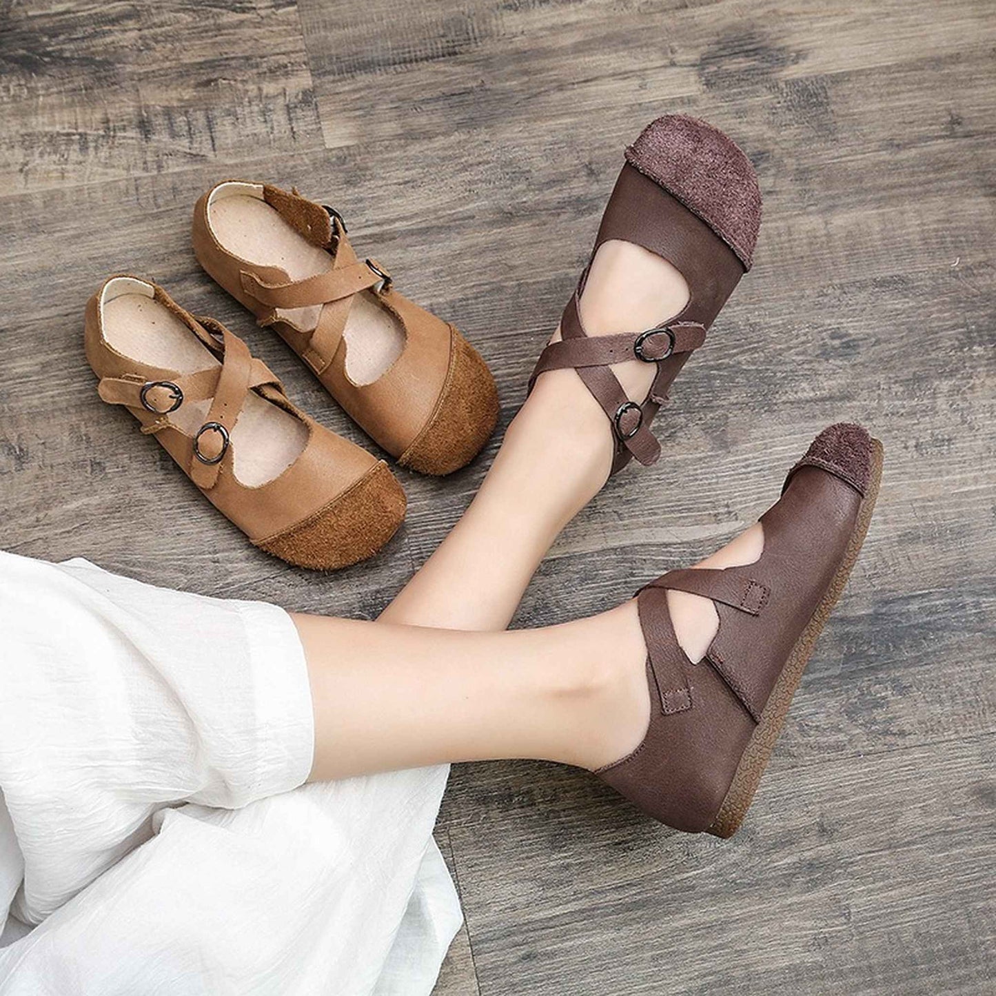 handmade artistic genuine leather shallow retro flat sh 01