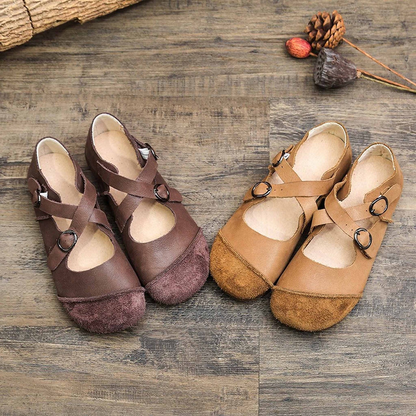 handmade artistic genuine leather shallow retro flat sh 02