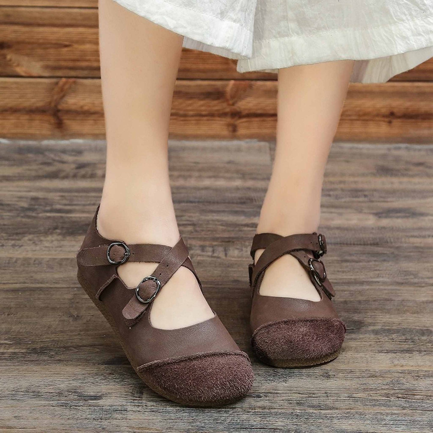 handmade artistic genuine leather shallow retro flat sh 04