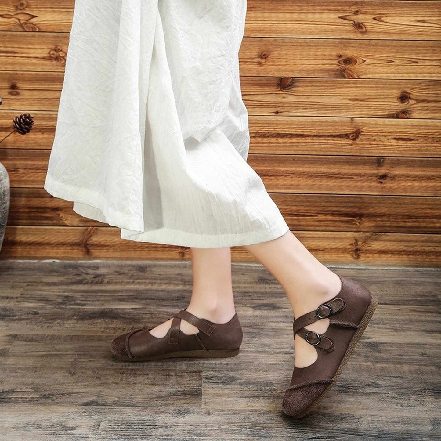 handmade artistic genuine leather shallow retro flat sh 08