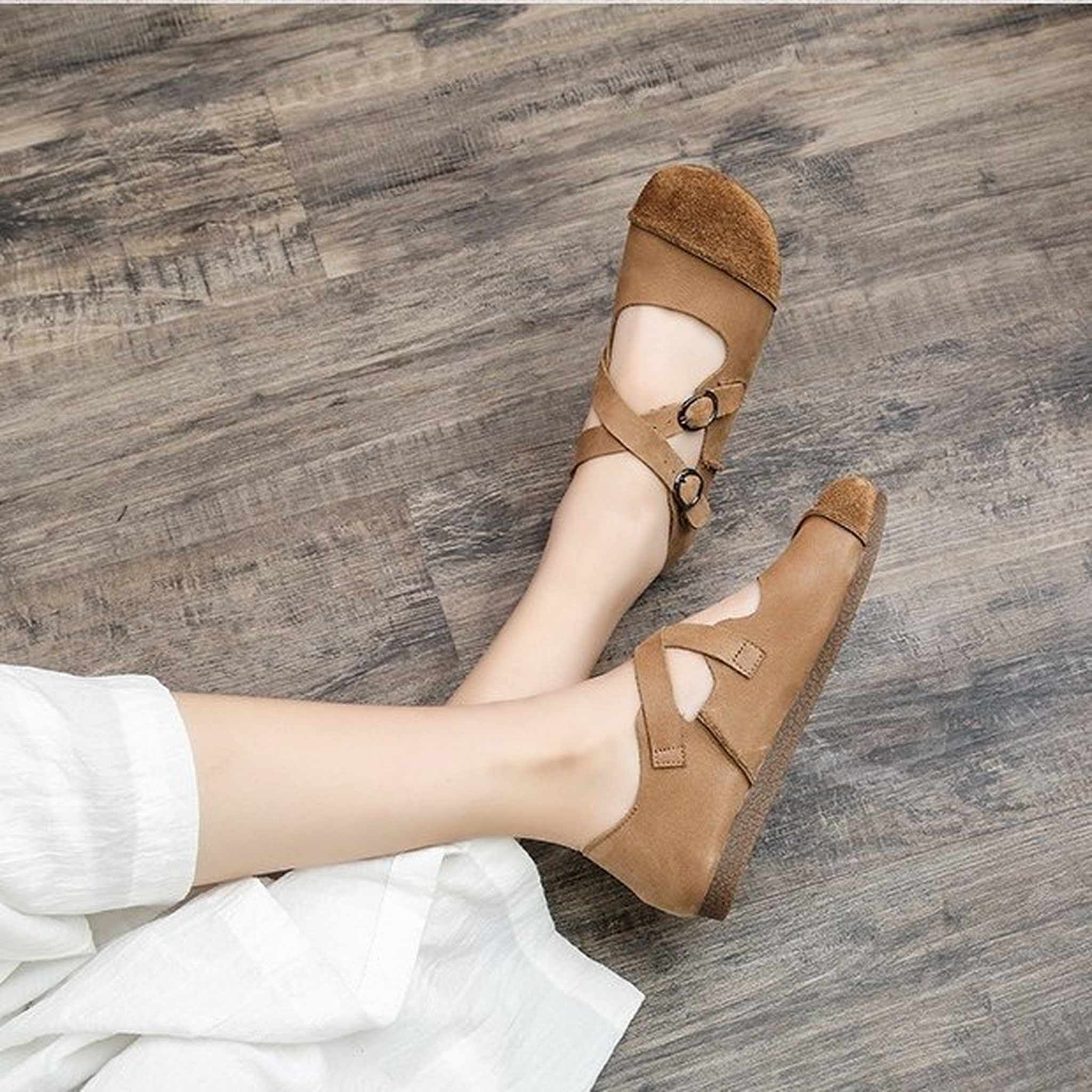 handmade artistic genuine leather shallow retro flat sh 09