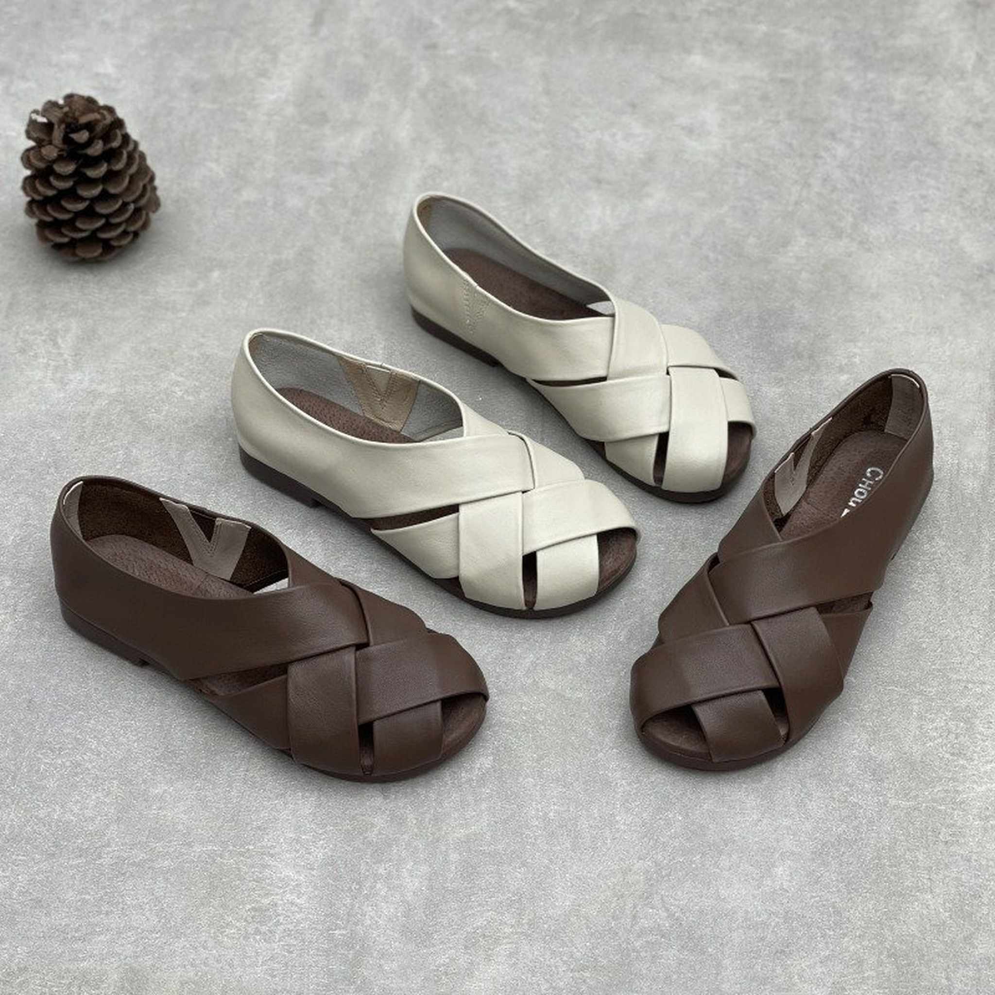 handmade closed back woven hollow leather flat sandals  01