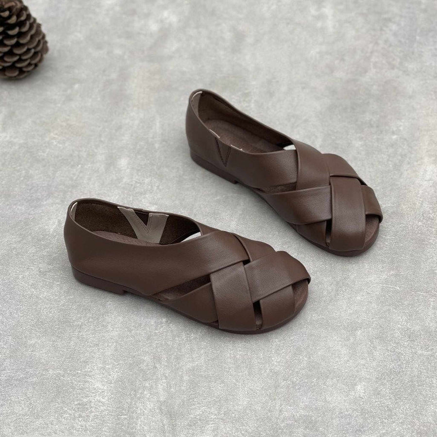 handmade closed back woven hollow leather flat sandals  02