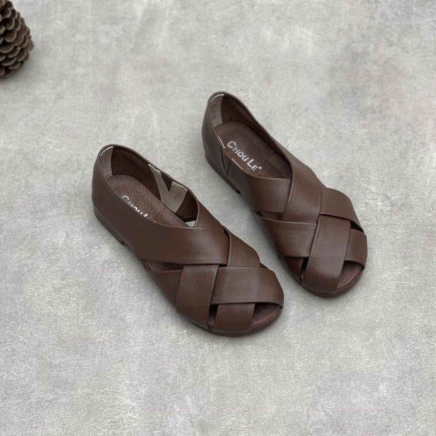 handmade closed back woven hollow leather flat sandals  05