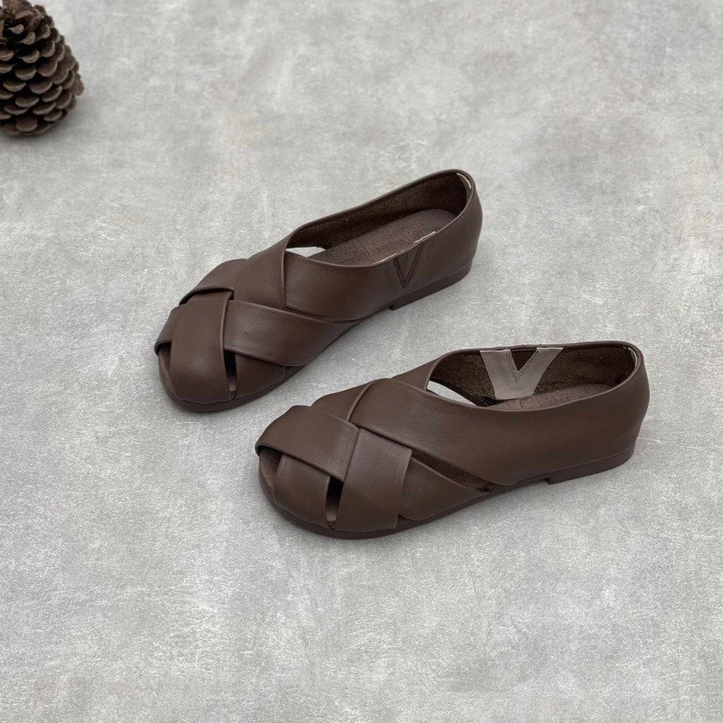 handmade closed back woven hollow leather flat sandals  06