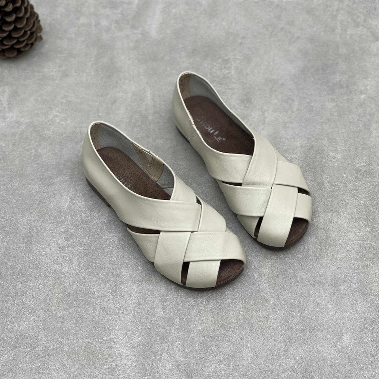 handmade closed back woven hollow leather flat sandals  07