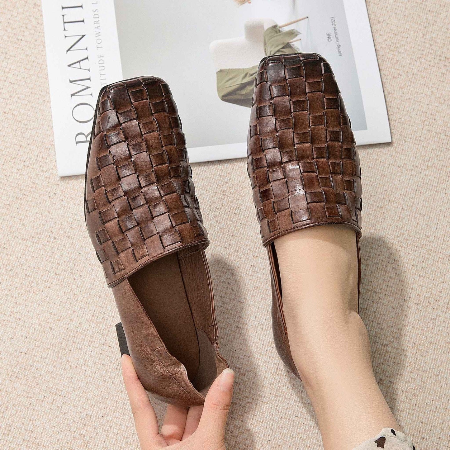 handmade woven washed cowhide square toe soft sole flat 01