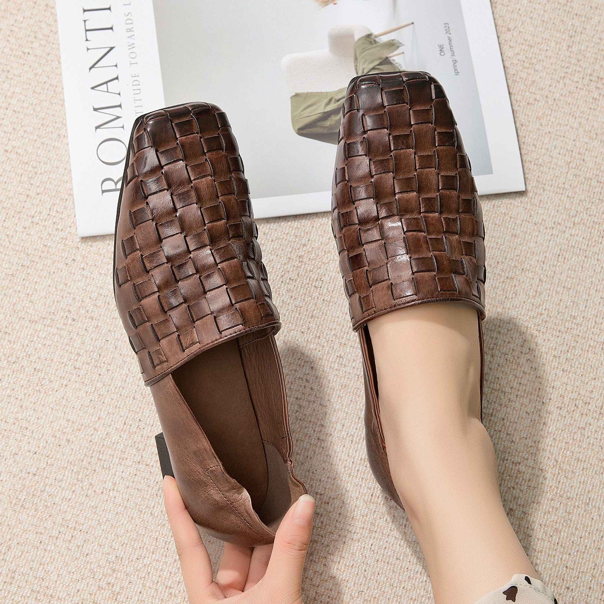 handmade woven washed cowhide square toe soft sole flat 01