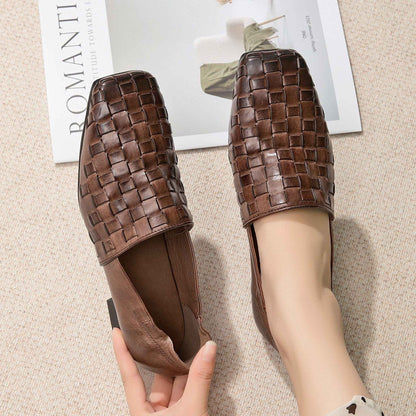 handmade woven washed cowhide square toe soft sole flat 01
