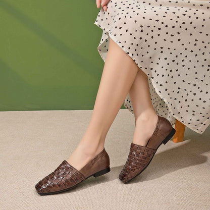 handmade woven washed cowhide square toe soft sole flat 02