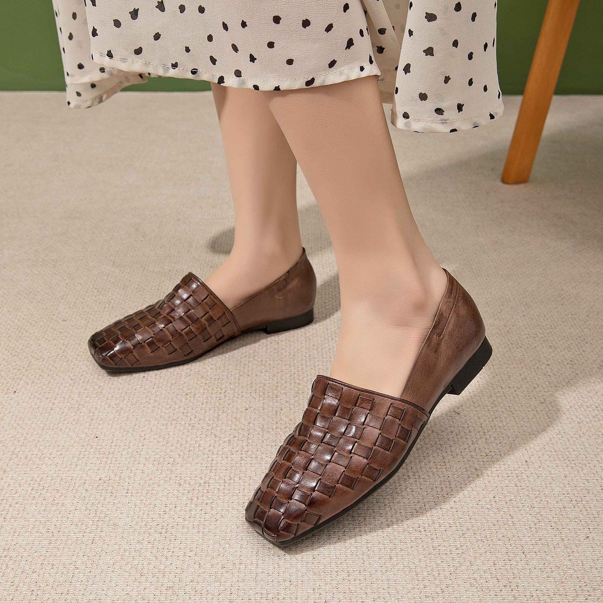 handmade woven washed cowhide square toe soft sole flat 03