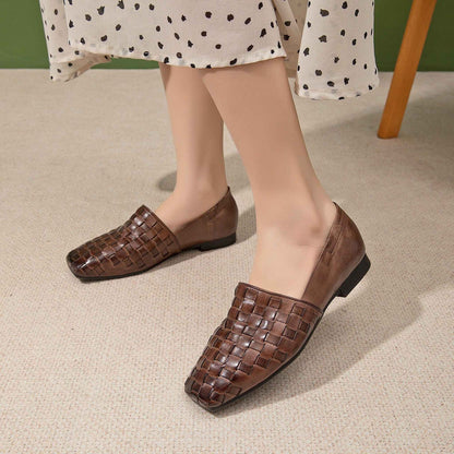 handmade woven washed cowhide square toe soft sole flat 03
