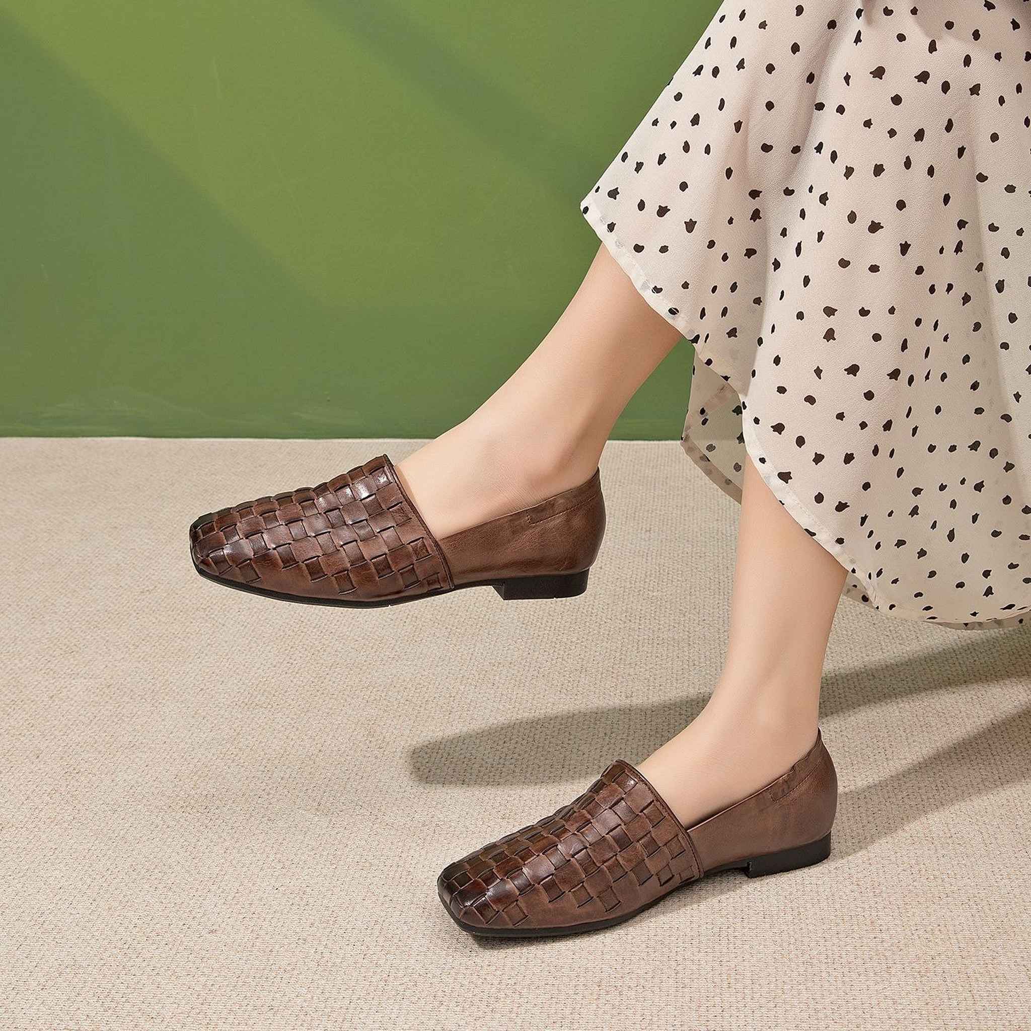 handmade woven washed cowhide square toe soft sole flat 04