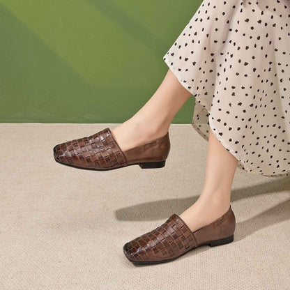 handmade woven washed cowhide square toe soft sole flat 04