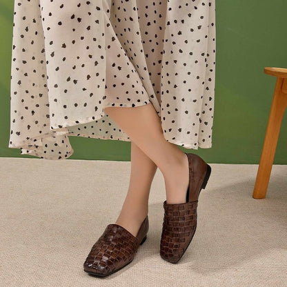 handmade woven washed cowhide square toe soft sole flat 08