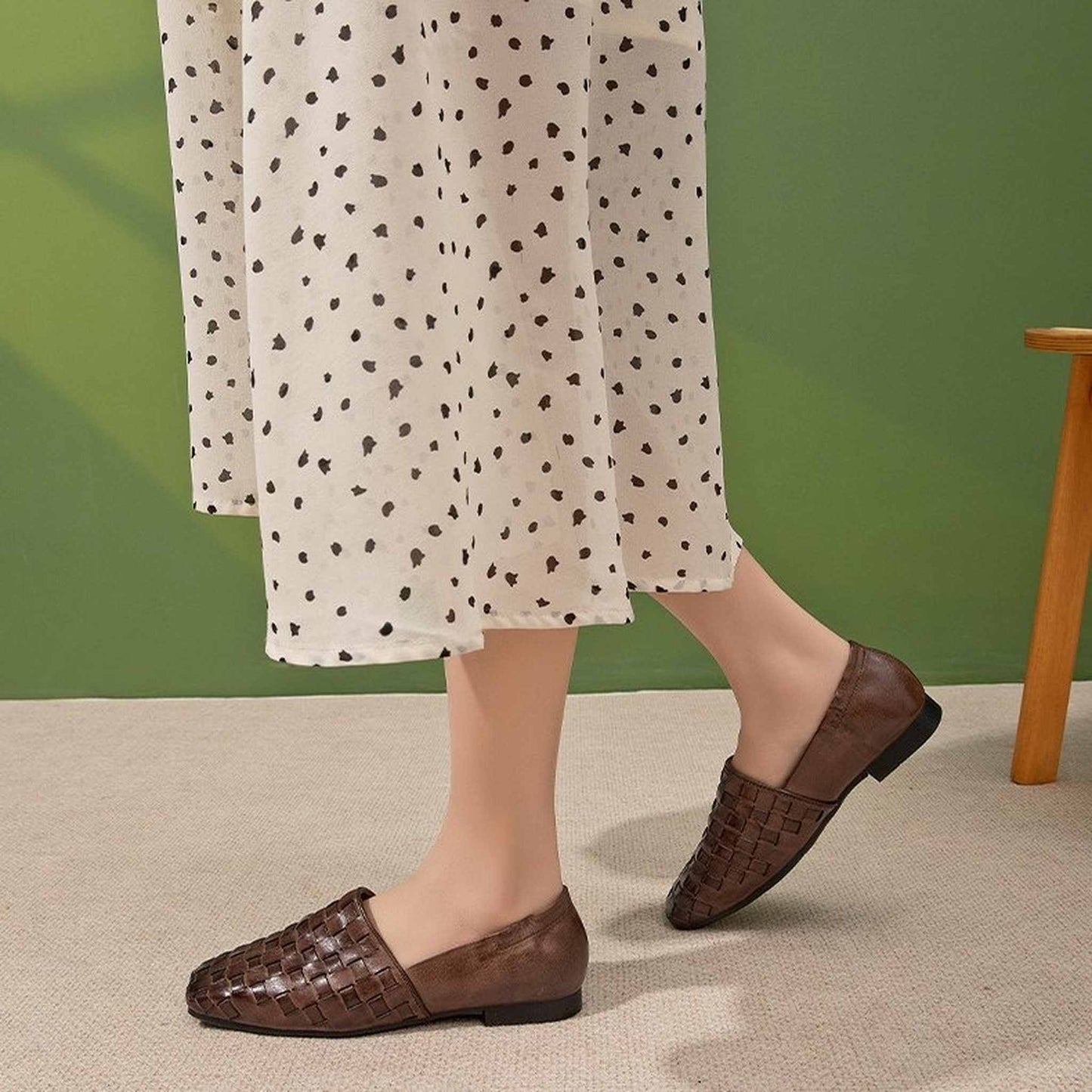 handmade woven washed cowhide square toe soft sole flat 09