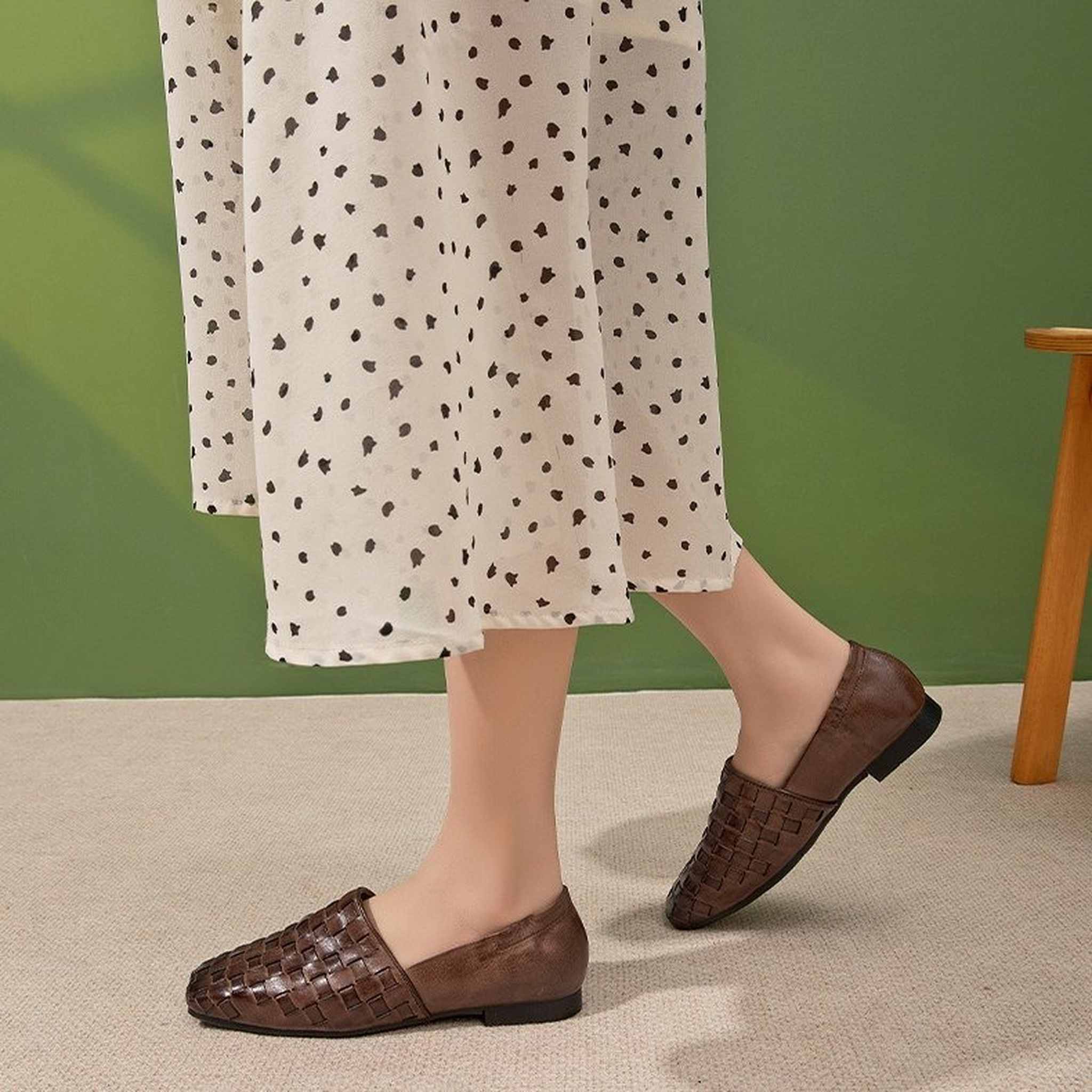 handmade woven washed cowhide square toe soft sole flat 09