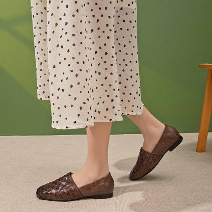 handmade woven washed cowhide square toe soft sole flat 09