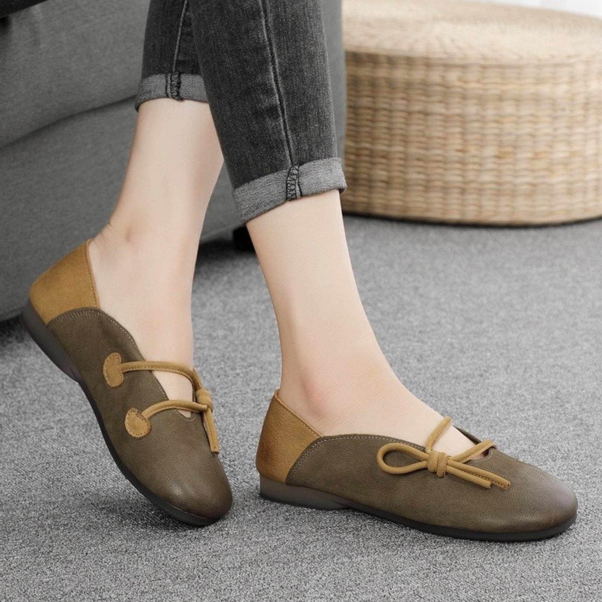 retro art color block soft sole leather slip on loafers 02