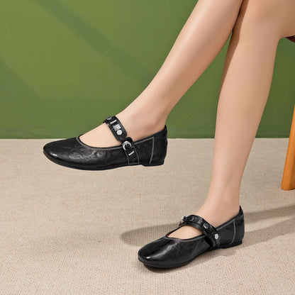 round toe flat sheepskin leather shoes in black red 01