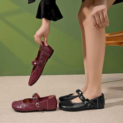 round toe flat sheepskin leather shoes in black red 02