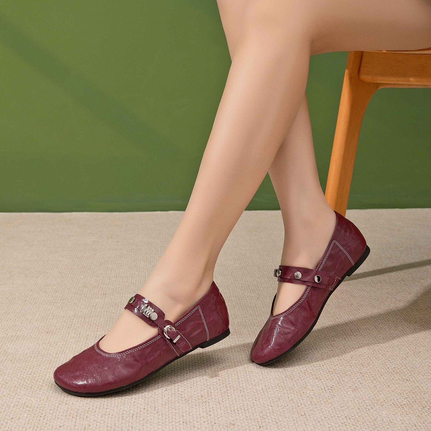 round toe flat sheepskin leather shoes in black red 03