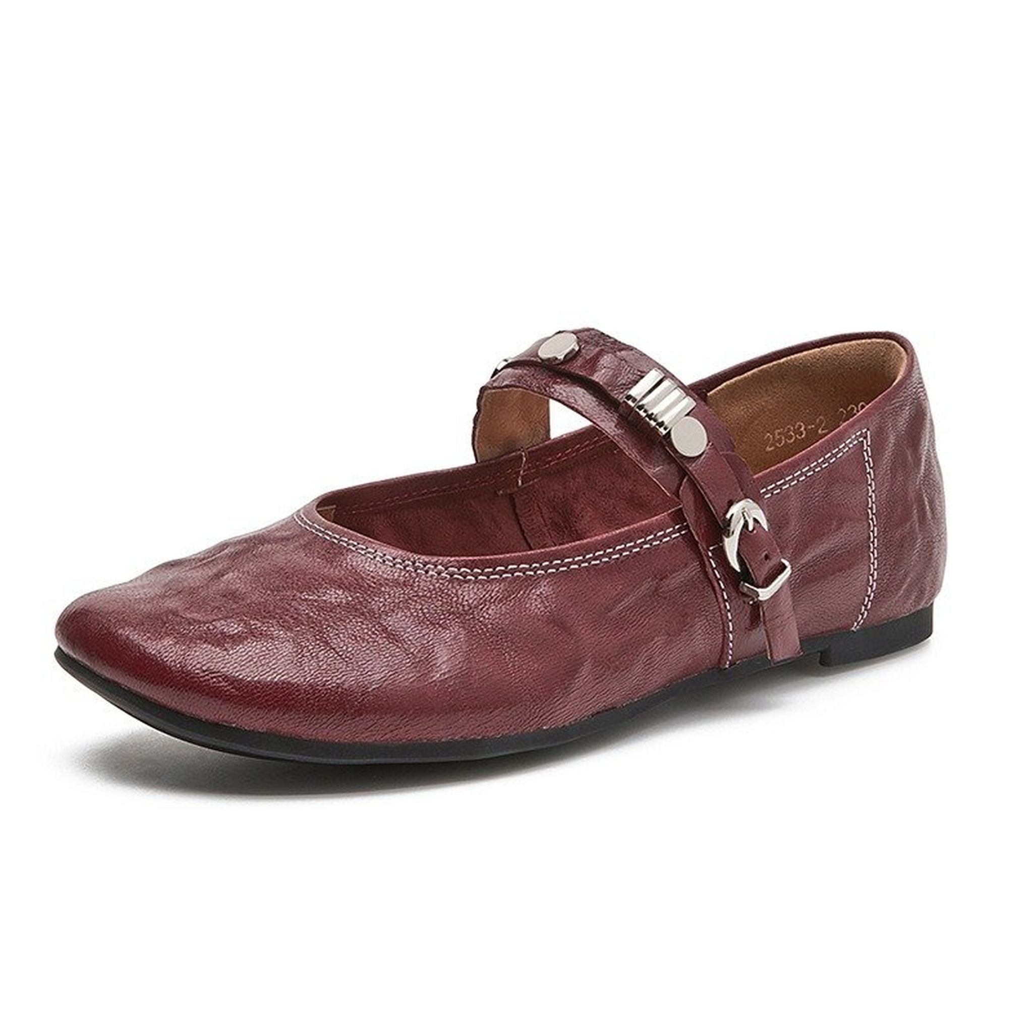 round toe flat sheepskin leather shoes in black red 05