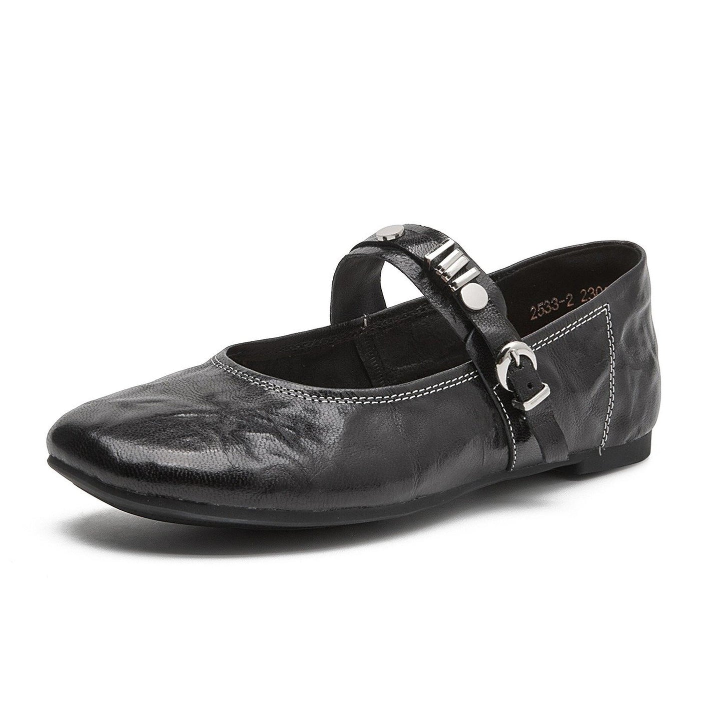 round toe flat sheepskin leather shoes in black red 06