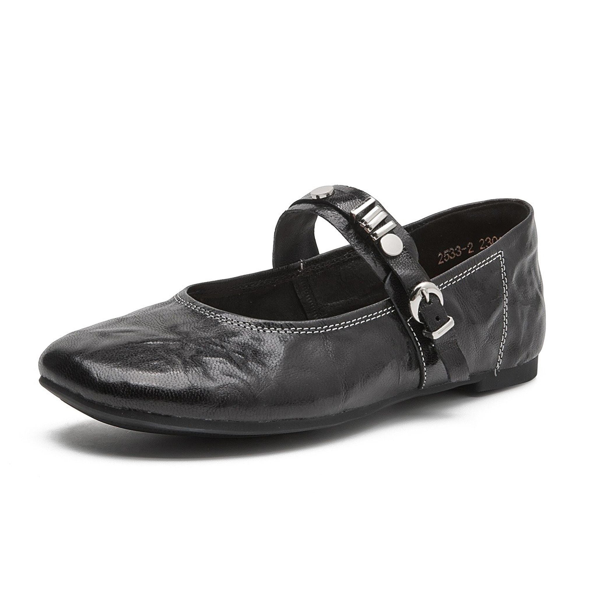 round toe flat sheepskin leather shoes in black red 06