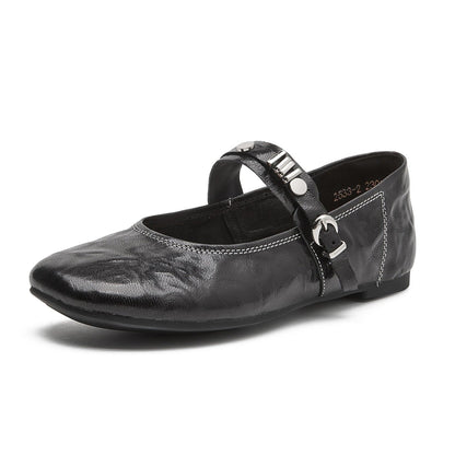 round toe flat sheepskin leather shoes in black red 06