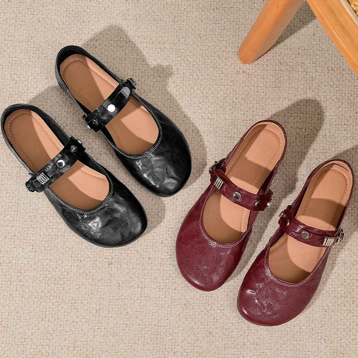 round toe flat sheepskin leather shoes in black red 08
