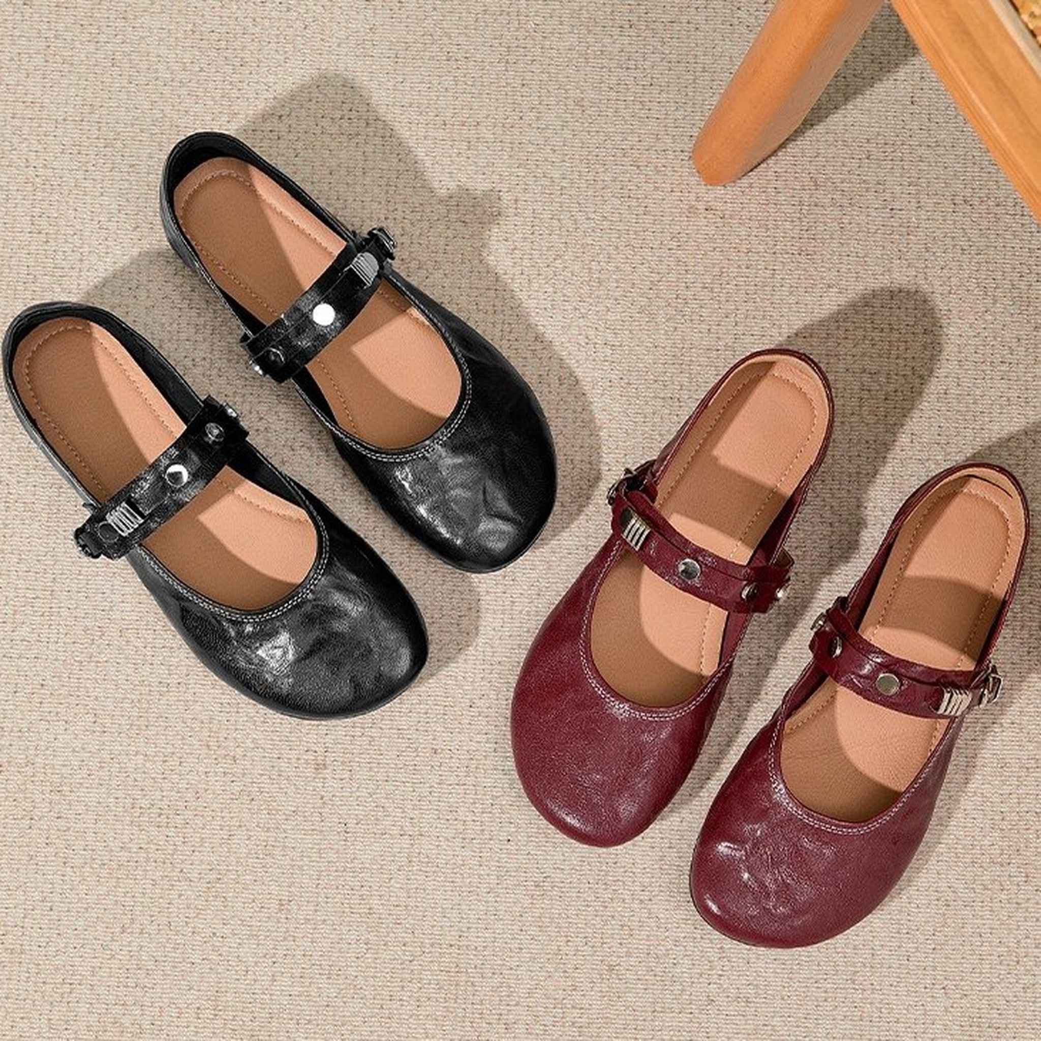 round toe flat sheepskin leather shoes in black red 08