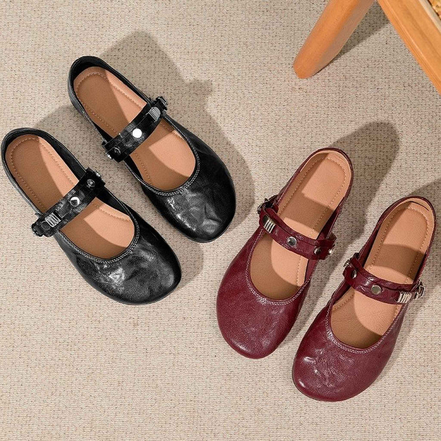 round toe flat sheepskin leather shoes in black red 08