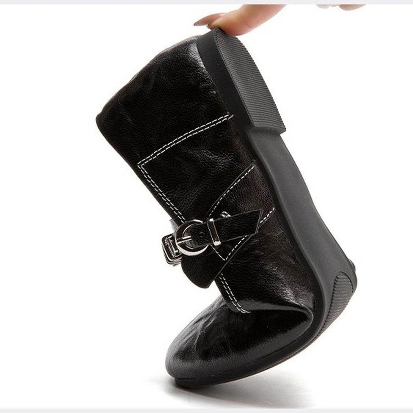 round toe flat sheepskin leather shoes in black red 09