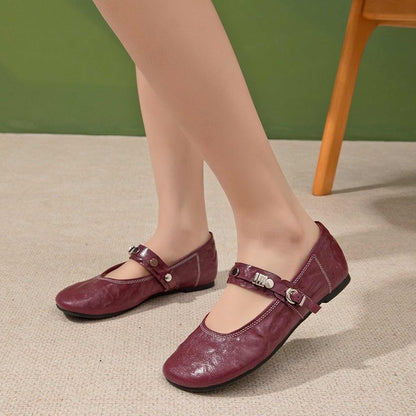 round toe flat sheepskin leather shoes in black red 11