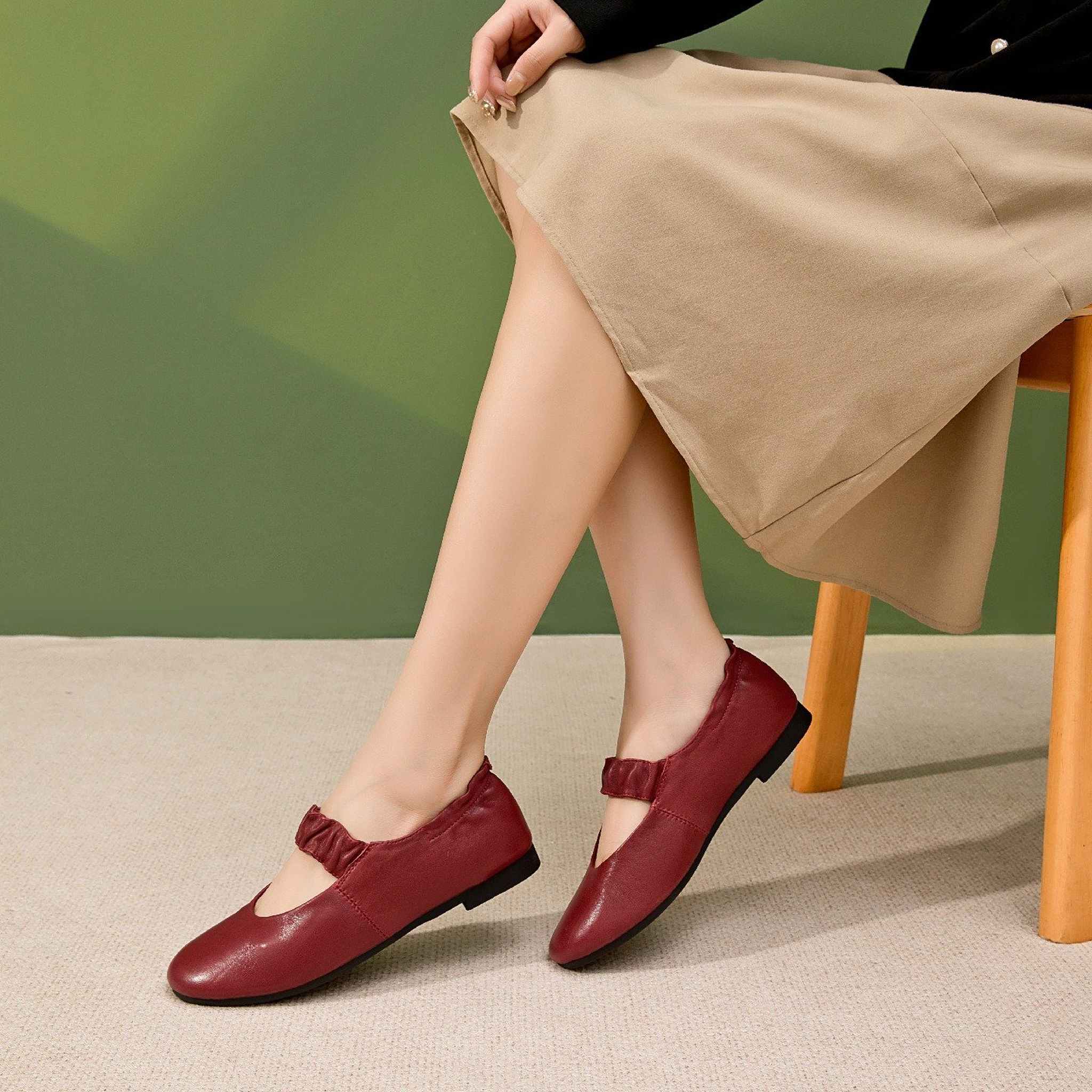 round toe shallow sheepskin mary jane flats for autumn  03