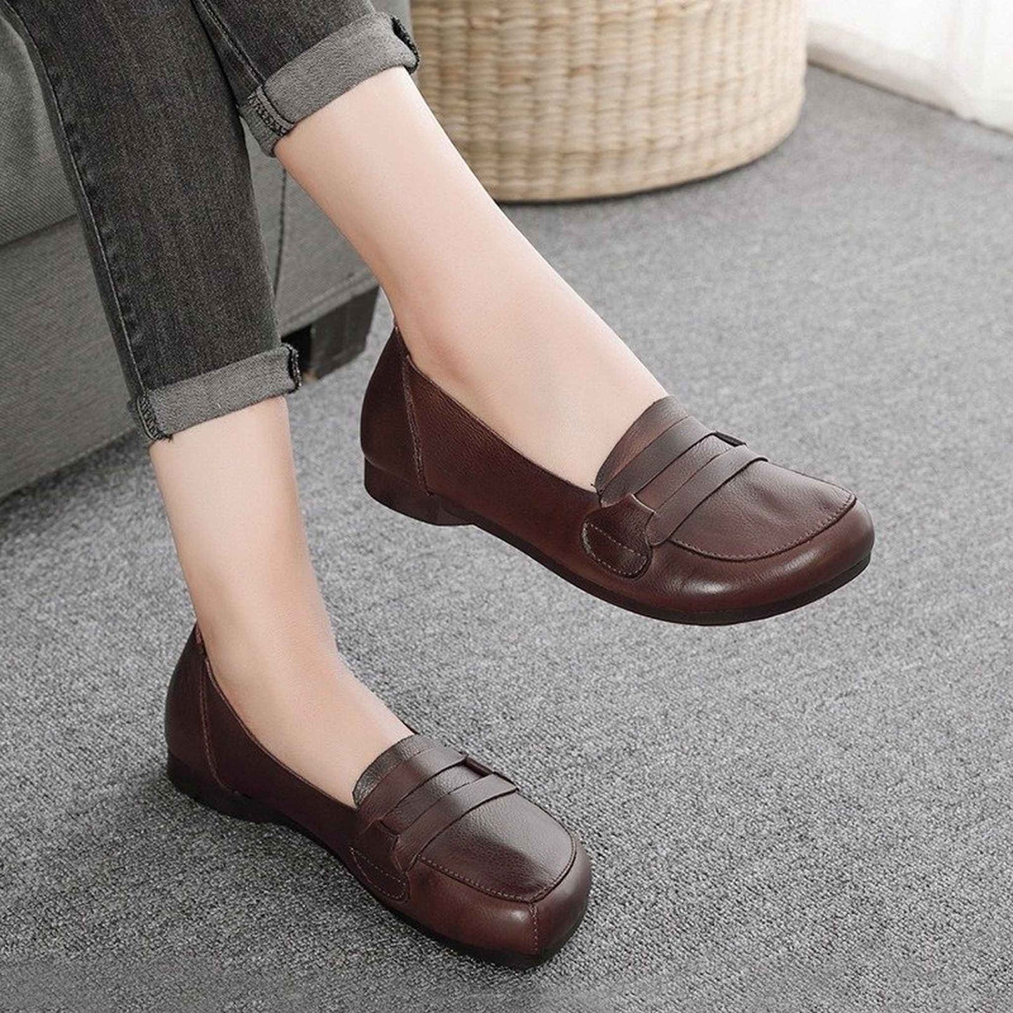 soft cowhide slip on flat loafers for spring in curry 01
