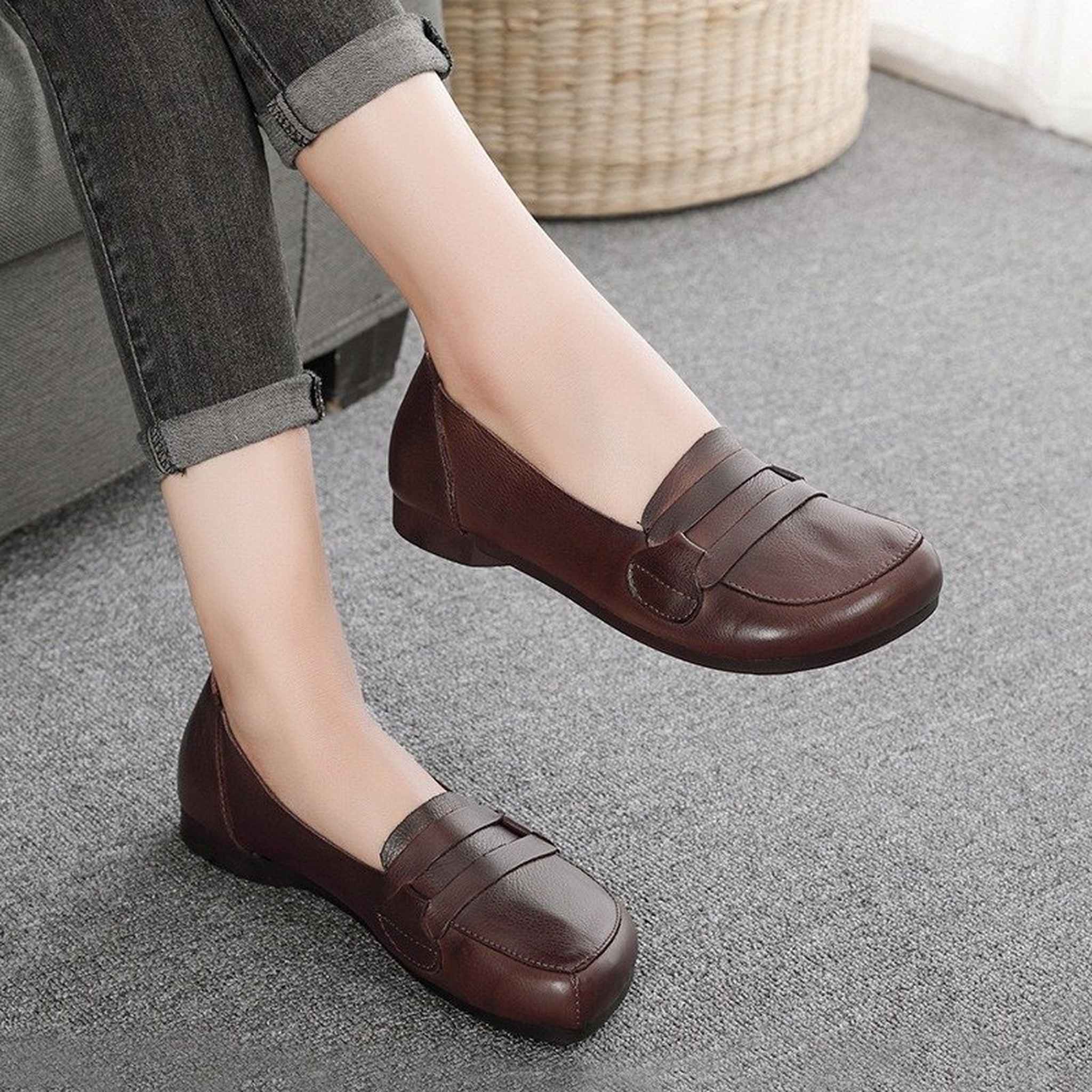 soft cowhide slip on flat loafers for spring in curry 01