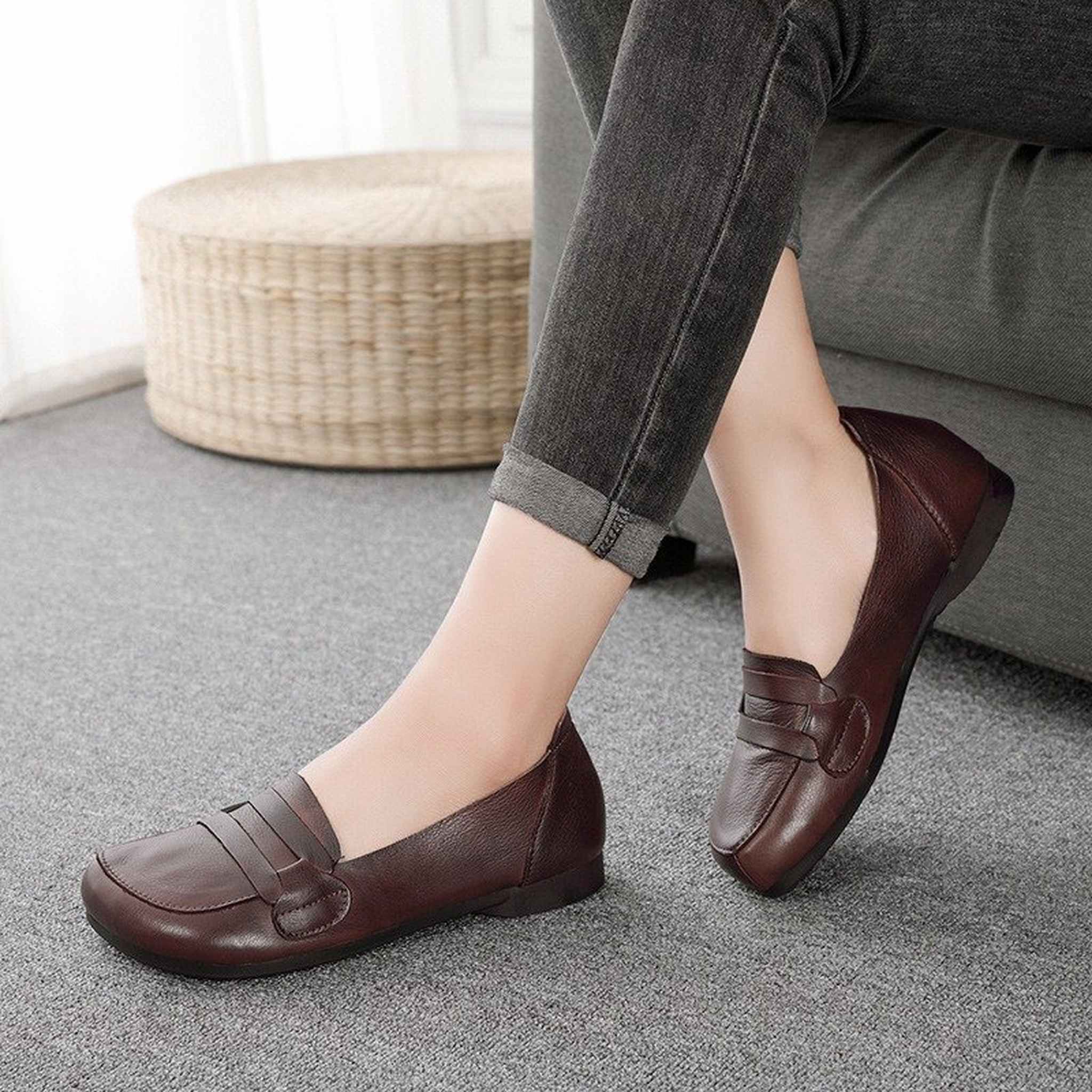 soft cowhide slip on flat loafers for spring in curry 02