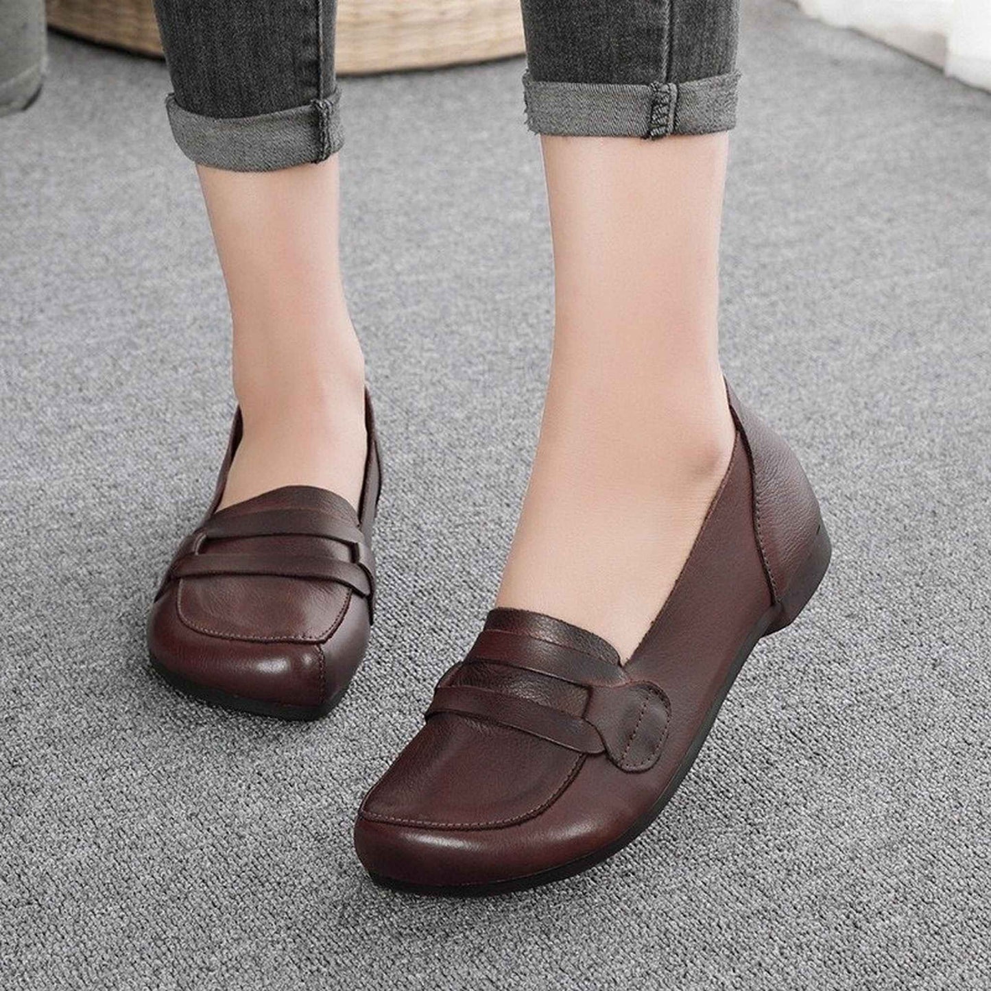 soft cowhide slip on flat loafers for spring in curry 03
